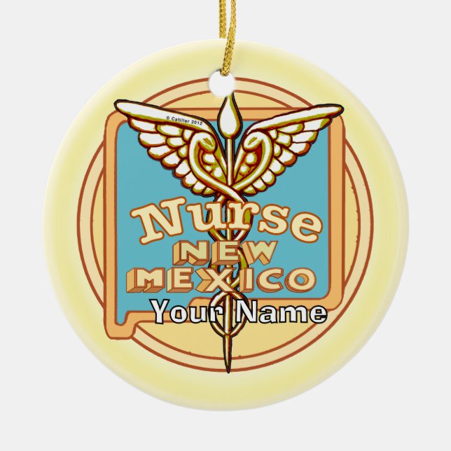 New Mexico Nurse Caduceus  Julgransprydnad Keramik (Framsidan)