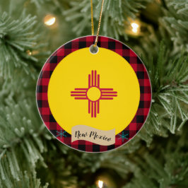 New mexico, Red buffalo plaid & New Mexican Flagga Julgransprydnad Keramik