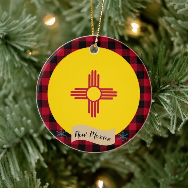 New mexico, Red buffalo plaid & New Mexican Flagga Julgransprydnad Keramik (Träd)