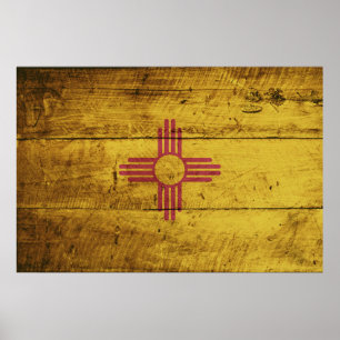 New mexico Statlig flagga på gammal trägrain Poster