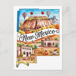 New Mexico USA State Shaped Vintage Watercolor Vykort