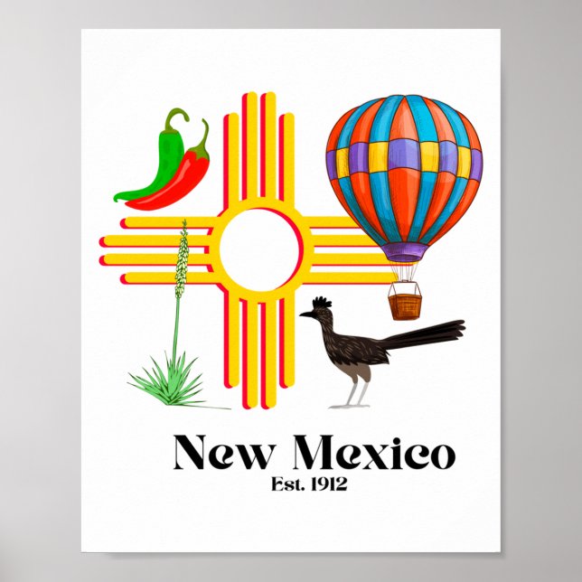 New Mexico Zia_ Chiles, Balloon, Roadrunner, Yucca Poster (Framsidan)