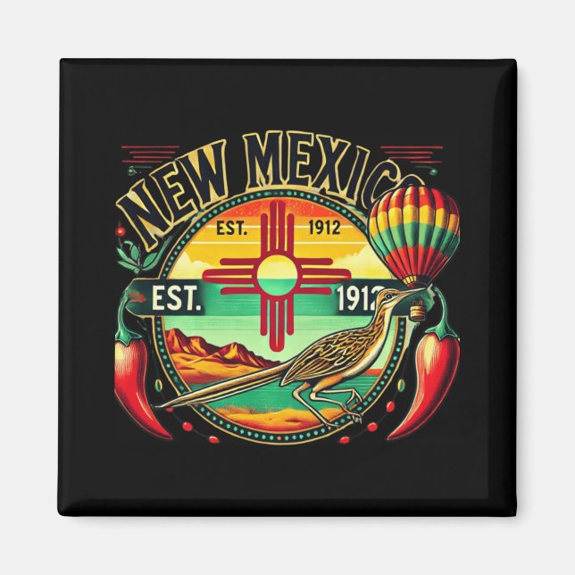 New Mexico Zia Symbol, Roadrunner &amp; Chile Pepp Magnet (Framsidan)