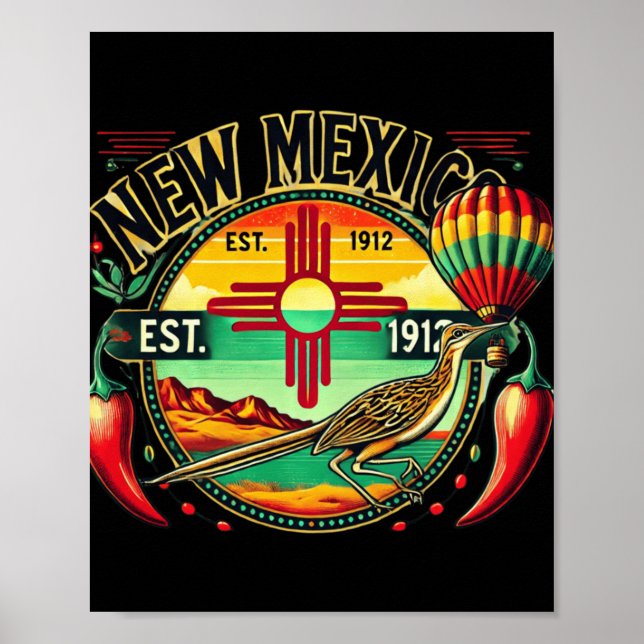 New Mexico Zia Symbol, Roadrunner &amp; Chile Pepp Poster (Framsidan)