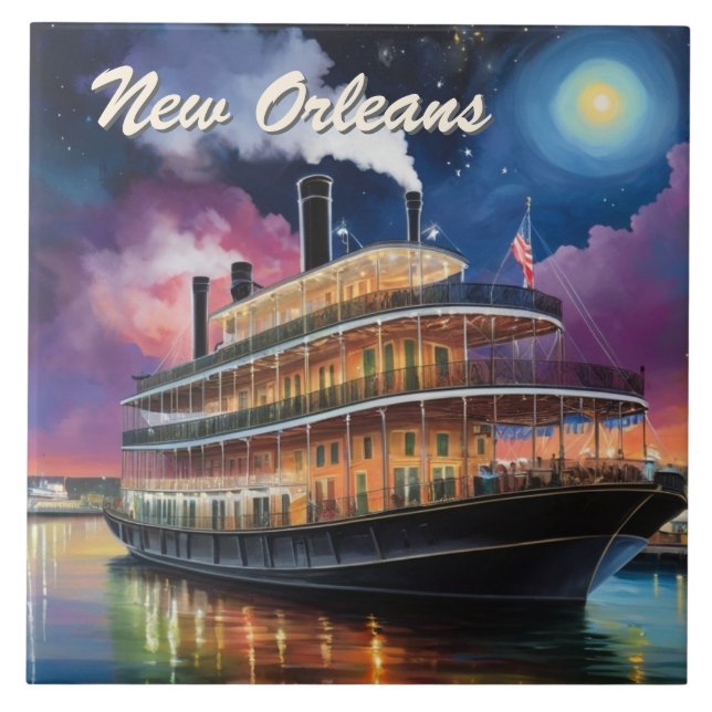 New Orleans ångbåt flodfartyg Båttur på natten Kakelplatta (Framsidan)
