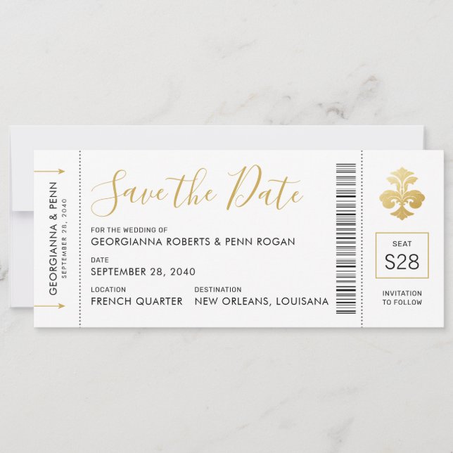New Orleans Bröllop Fleur De Lis Boarding Pass Spara Datumet (Framsida)