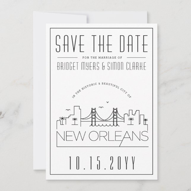 New Orleans bröllop Stilisad stadsprofil Spara dat Inbjudningar (Framsida)