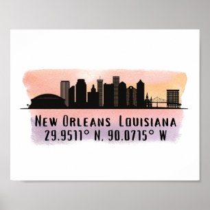 New Orleans City Skyline Latitude och Longitud Poster