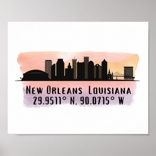 New Orleans City Skyline Latitude och Longitud Poster (Framsidan)
