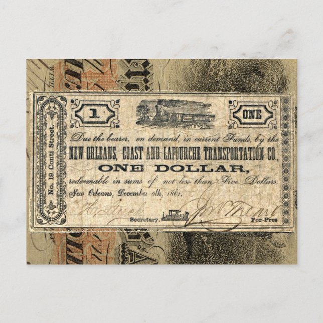 New Orleans Civil Krig Antique Money Southern USA Vykort (Framsida)