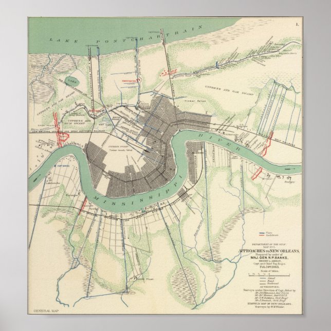 New Orleans Civil Krig Karta 1863 Poster (Framsidan)