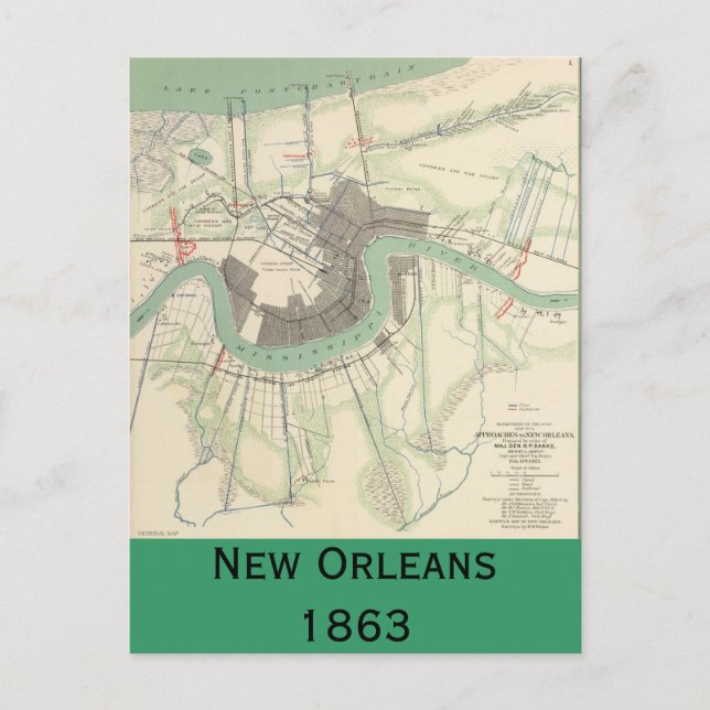 New Orleans Civil Krig Karta 1863 Vykort (Framsida)