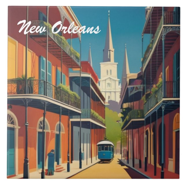 New Orleans-gata & St Louis-katedralen Färgrik Kakelplatta (Framsidan)
