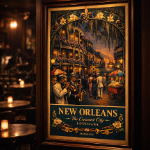 New Orleans Jazz Natt Vintage Resa Affisch Print