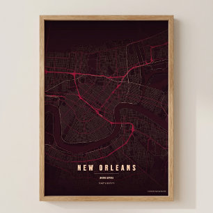 New Orleans Karta Ruby NOLA Väggkonst Affisch Pres