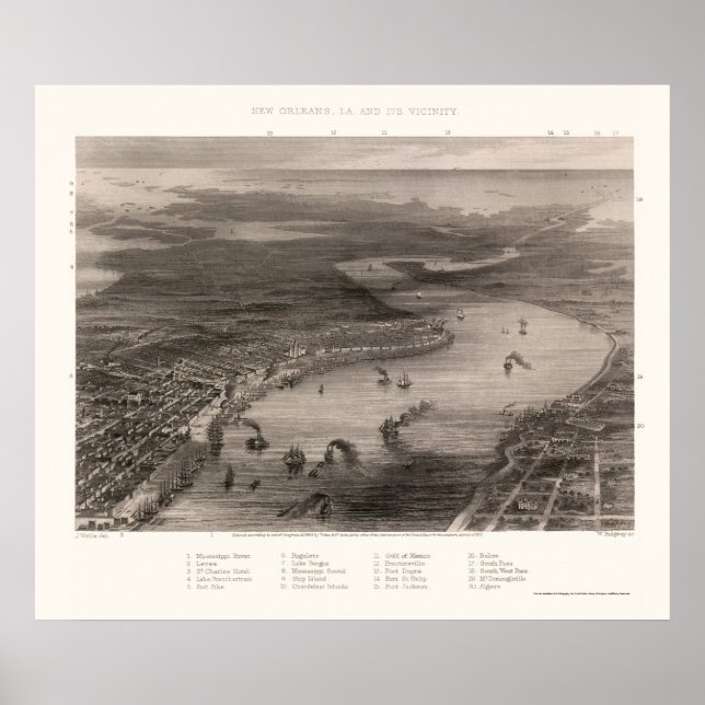 New Orleans, LA Panoramic Karta - 1863 Poster (Framsidan)