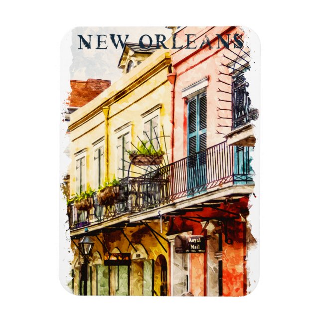 New Orleans Louisiana Fransk Quarter Watercolor Magnet (Vertikal)