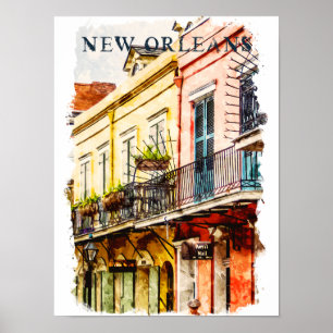 New Orleans Louisiana Fransk Quarter Watercolor Poster