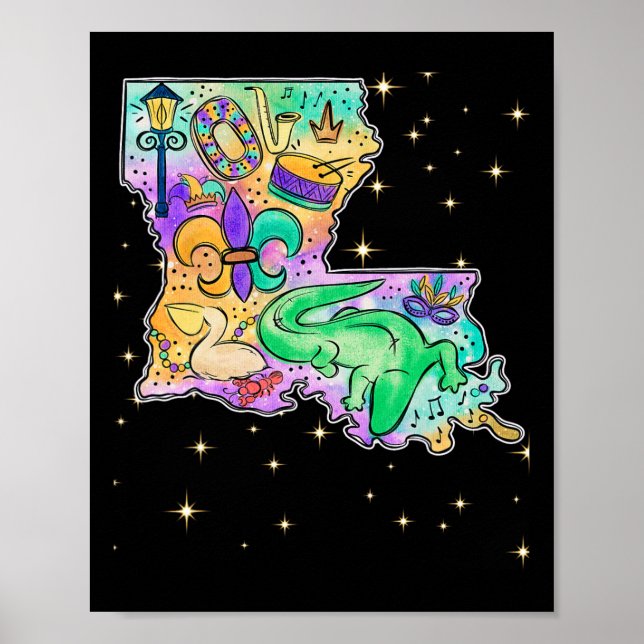 New Orleans Louisiana Karta Mardi Gras Jester Funn Poster (Framsidan)
