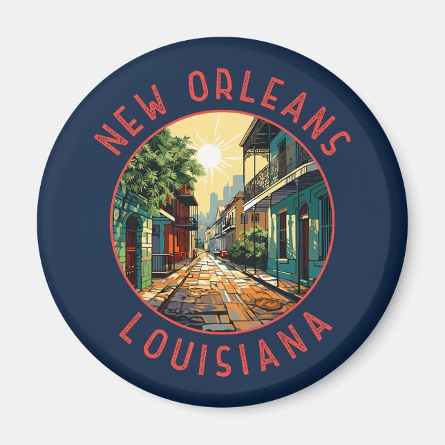 New Orleans Louisiana Retro Distress Circle Magnet (Framsidan)