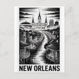 New Orleans Louisiana Siluett Svart Vitt Träsnitt Helg Vykort