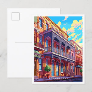 New Orleans Louisiana Travel Vintage Illustration Vykort