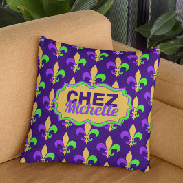New Orleans Mardi Gras House Party Fleur Ditt namn Kudde