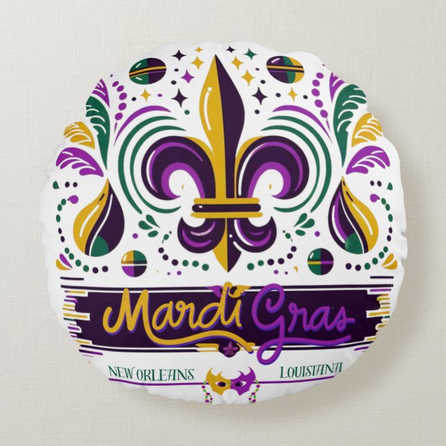 New Orleans Mardi Gras lila gult grönt Rund Kudde (Framsidan)