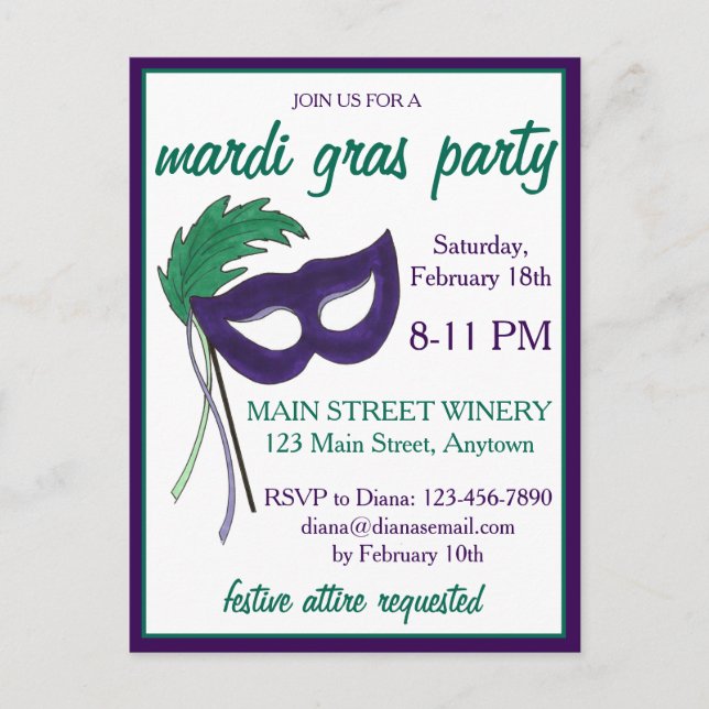New Orleans Mardi Gras Masqueramasken Boll Party Inbjudan Vykort (Framsida)
