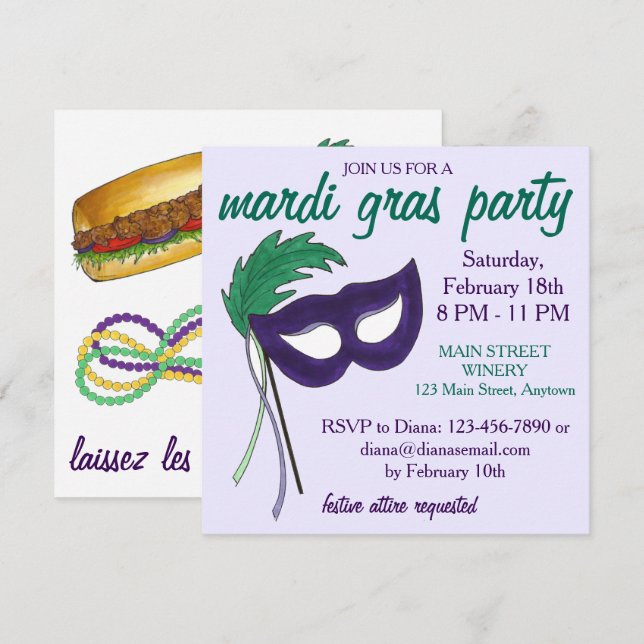 New Orleans Mardi Gras Masqueramasken Boll Party Inbjudningar (Fram/baksida)