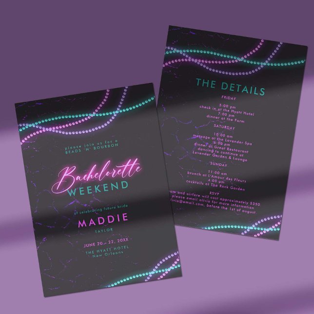 New Orleans Pärlor Neon Bachelorette Itinerary Inbjudningar (new orleans bachelorette weekend itinerary invitation neon pink teal purple beads and bourbon classy)