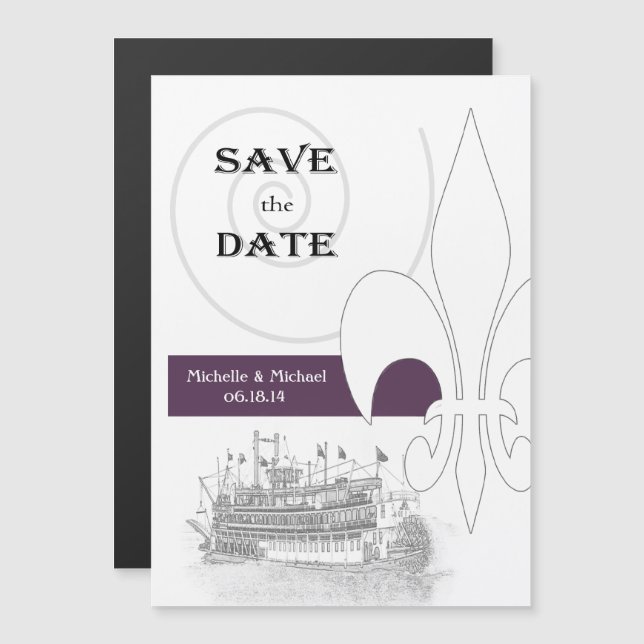 New Orleans Riverboat Save Date Lila Magnetisk Inbjudningskort (Fram/baksida)