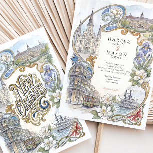 New Orleans Watercolor Landmarks Bröllop Inbjudningar