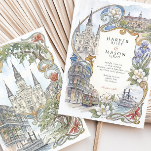 New Orleans Watercolor Landmarks Bröllop Inbjudningar