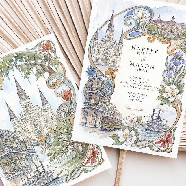 New Orleans Watercolor Landmarks Bröllop Inbjudningar (Skapare uppladdad)