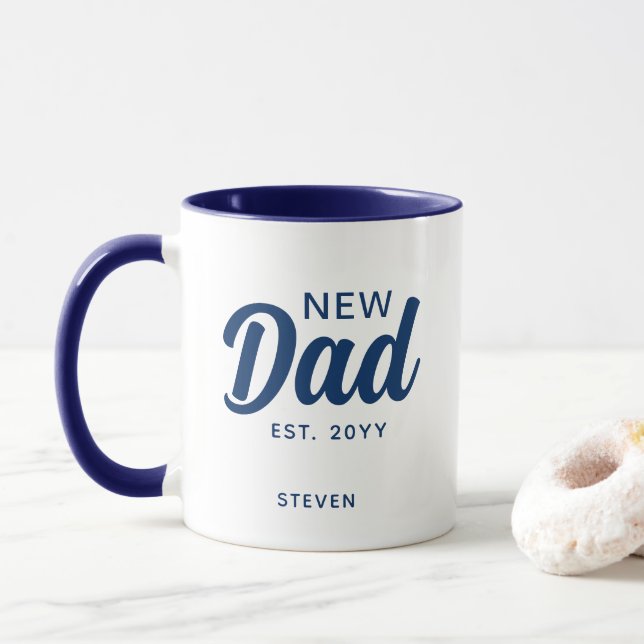 New Pappa First Fars dag Blue Script Monogram Mugg (Med munk)