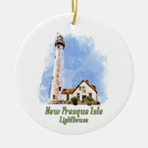 New Presque Isle Lighthouse Watercolor - Michigan Julgransprydnad Keramik