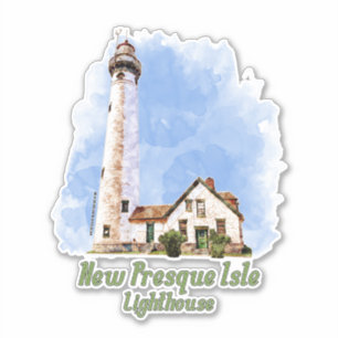 New Presque Isle Lighthouse Watercolor - Michigan Klistermärken