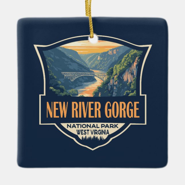 New River Gorge National Park Illustration Retro Julgransprydnad Keramik (Framsida)