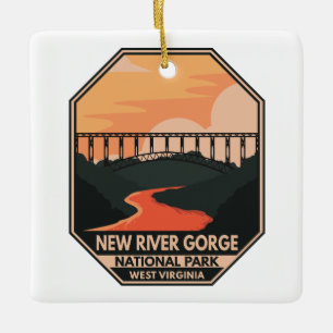 New River Gorge National Park Minimal Retro Emblem Julgransprydnad Keramik