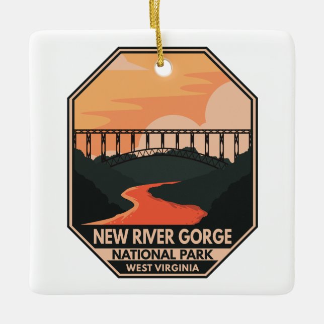 New River Gorge National Park Minimal Retro Emblem Julgransprydnad Keramik (Framsida)