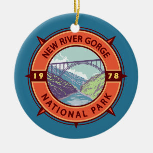 New River Gorge National Park Retro Compass Emblem Julgransprydnad Keramik
