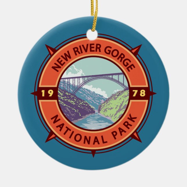 New River Gorge National Park Retro Compass Emblem Julgransprydnad Keramik (Framsidan)