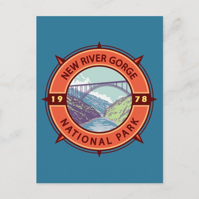 New River Gorge National Park Retro Compass Emblem Vykort (Framsida)