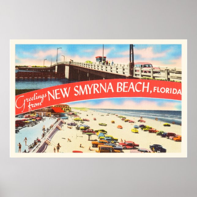 New Smyrna Beach Florida FL Old Travel Souvenir Poster (Framsidan)