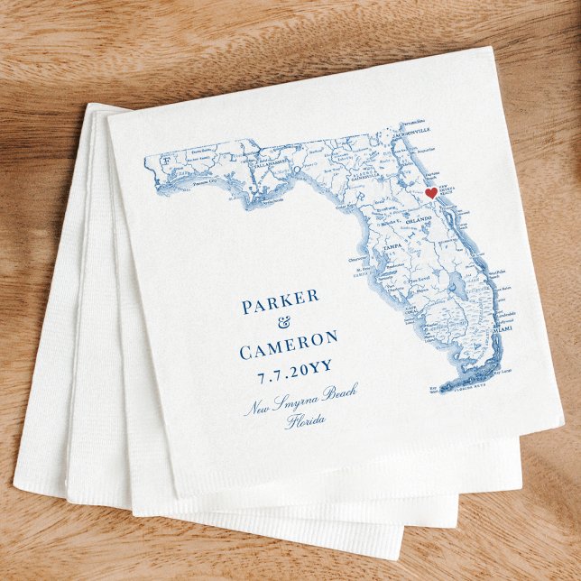 New Smyrna Beach Florida Karta Elegant Blå Bröllop Pappersservett (New Smyrna Beach FL Wedding Napkins in elegant blue by Coastal Map Designs)