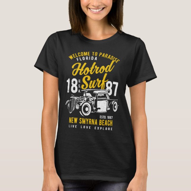 New Smyrna Beach Florida Retro Hotrod Surfa Distre T Shirt (Framsida)