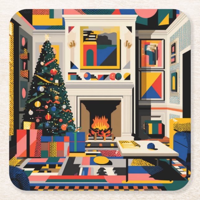 New Wave 1980s Pop Art Christmas Coaster Underlägg Papper Kvadrat (Framsidan)