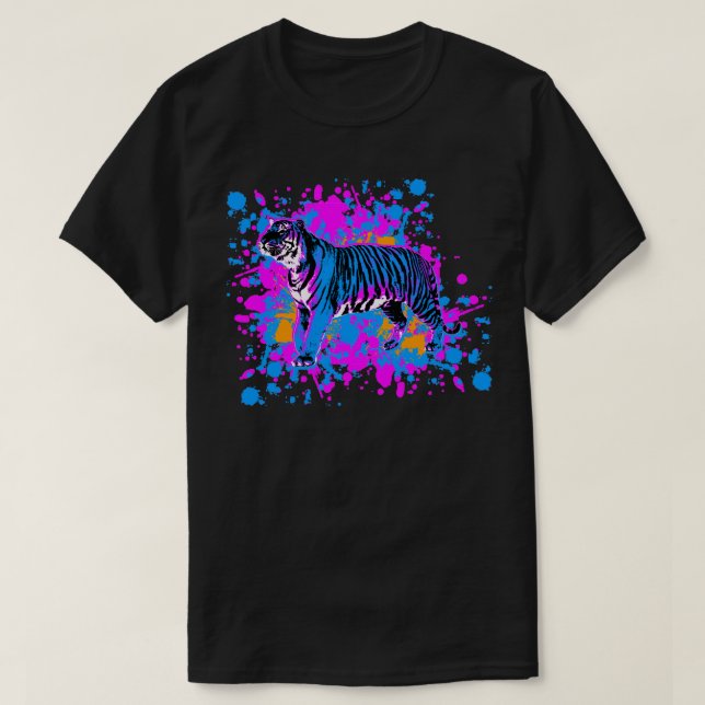 New Wave 80-tal Retro Blå Tiger Målarstänk T Shirt (Design framsida)