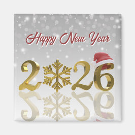 New Year 2026 Golden with Snowflake and Santa Hat Magnet